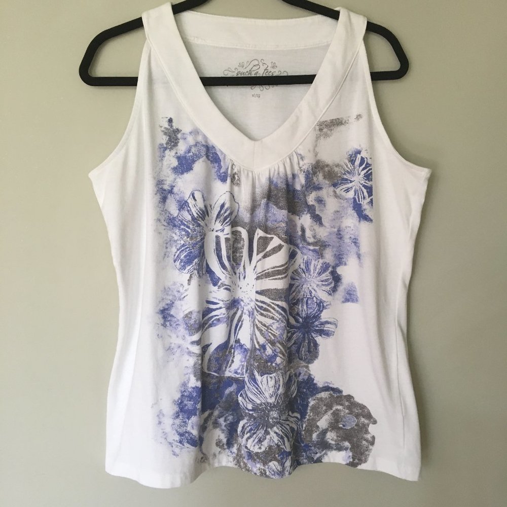 White tank, abstract blue and grey floral pattern